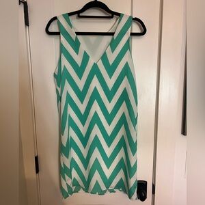Chevron White and Green V Neck Dress